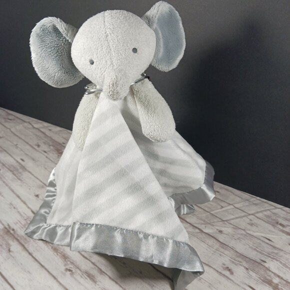 Cloud Island Baby Lovey Gray Elephant Plush Satin-Lined G/W Striped Blanket 14" - Picture 1 of 13